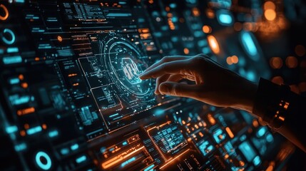 Interactive Futuristic Digital Interface - Holographic Data Panels Manipulation in Glowing Tech Environment