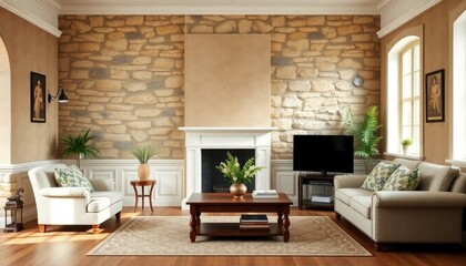 Fototapeta premium French Provincial Style Stone Wall Living Room with ivory skirting boards enhancing the vintage ambiance