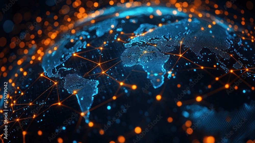 Aufkleber network of glowing digital nodes forming global data connectivity world map