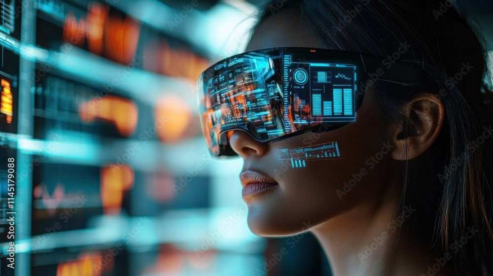 Poster digital innovation: person wearing augmented reality glasses viewing virtual graphs and charts in re