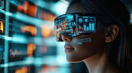 Digital Innovation: Person Wearing Augmented Reality Glasses Viewing Virtual Graphs and Charts in Real-World Workspace