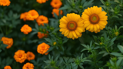 Obraz premium A radiant sunflower bouquet with two golden sunflowers nestled among bright orange marigolds and lush green foliage.