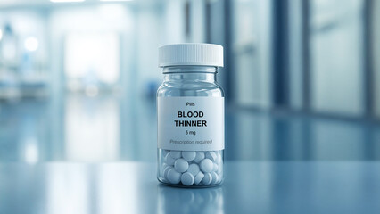 Blood thinner pills in a transparent container labeled with 5 mg dosage placed on a reflective surface in a hospital setting, anticoagulant medication for clot prevention, cardiovascular health