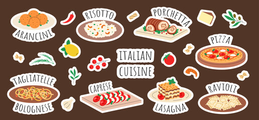 Set of stickers Italian cuisine, food, dish. Pizza, lasagna, pasta tagliatelle bolognese, ravioli, risotto, arancini, porchetta, caprese. Vector illustration