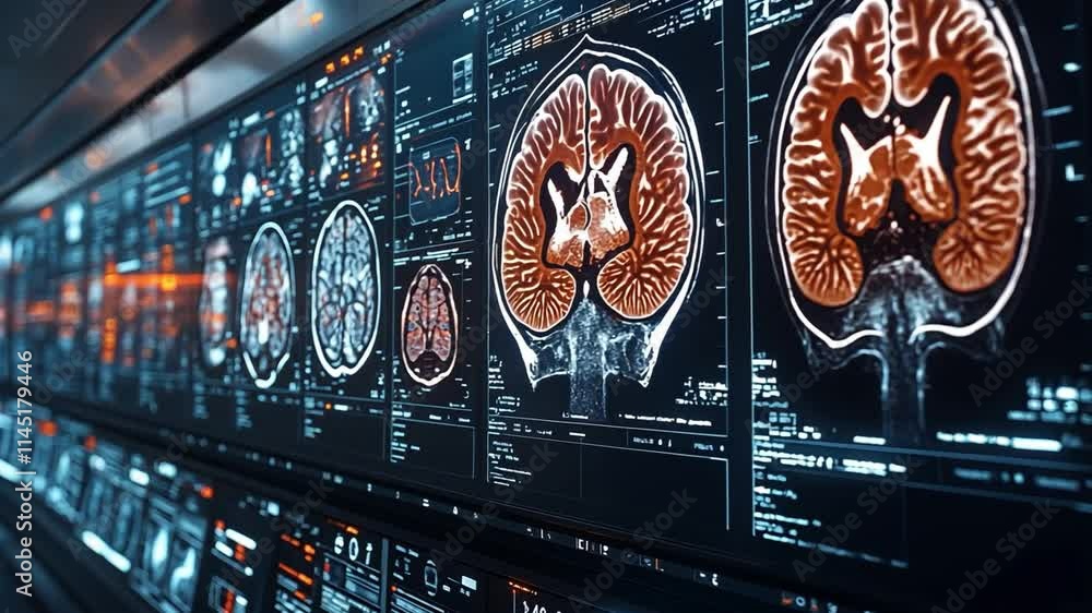 Poster high-tech medical display showing detailed brain scans and analysis in 4k resolution