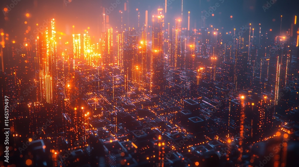 Poster digital connectivity: data streams in futuristic cityscape