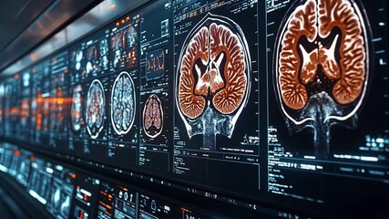 High-tech medical display showing detailed brain scans and analysis in 4K resolution