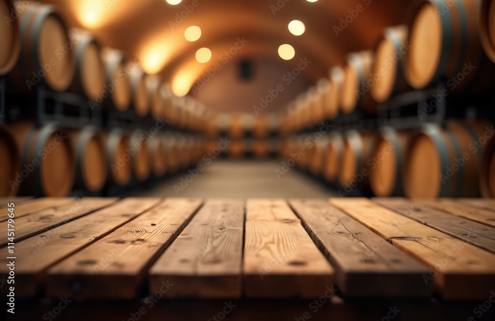 Aufkleber Empty wooden table in front of blurred wine cellar. Wooden table top with visible wood grain. Many oak wine barrels in background. Background intentionally blurred to focus on table top. Great for