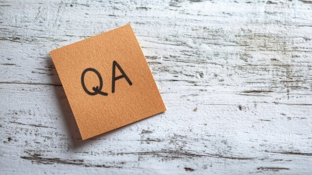 Sticky note with QA written on a rustic wooden surface