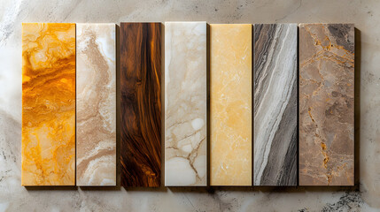 A refined material board showcasing natural wood tones light beige patterns polished marble and yellow ceramic.