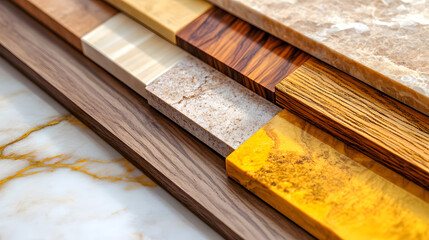 A refined material board showcasing natural wood tones light beige patterns polished marble and yellow ceramic.