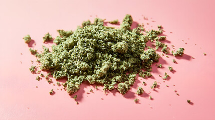 A rich display of finely ground marijuana and sticky buds on a pastel-hued gradient ground.