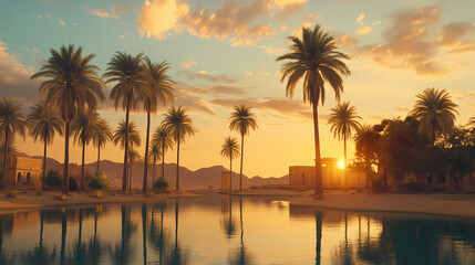 A desert oasis with palm trees. Oasis. Illustration