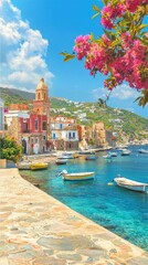 Serene coastal view with colorful buildings and boats by the water.