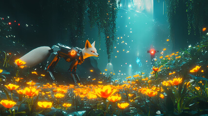 A futuristic robotic fox exploring a mystical forest oasis surrounded by illuminated flowers, digital art of concept art concept. Oasis. Illustration
