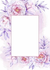 Template for  wedding invitation  with frame of pink rose flowers and watercolor background. Composition for digital greeting card.
