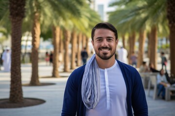 Fototapeta premium A man wearing a blue shirt and white shirt with a blue scarf is smiling