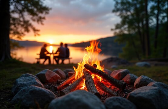 Couple enjoys evening by lake. People sit near campfire in forest. Warmth of fire at sunset near tranquil lake. Nature scene. Relaxed moment. Summer camping trip.