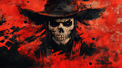 Grunge skull cowboy illustration with hat on textured red and black abstract background