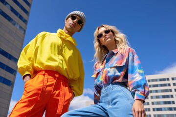 Two people wearing colorful clothing pose for a photo in front of a building