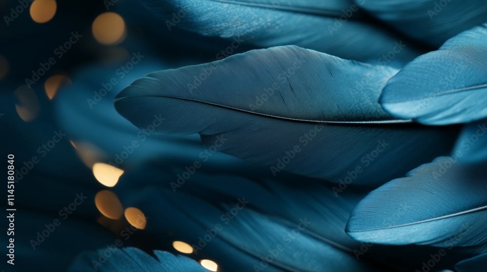 Poster close-up view of blue feathers with shimmering lights in the background creating an enchanting atmos