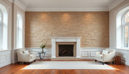 Elegant Classic Style Stone Wall Living Room with white skirting boards featuring intricate detailing