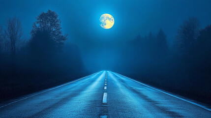 Moonlight on asphalt road stretching into dark night, blue street perspective with silhouetted trees, foggy evening landscape, dramatic highway through misty forest.