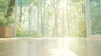 Serene forest view through large windows, filled with soft sunlight.