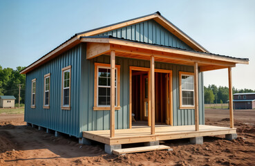 Unfinished tiny house under construction. Metal siding building with wooden framework. Porch, windows installed. Structure situated outdoors on construction site. New building with simple design.
