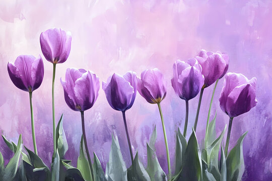 Rows of delicate purple tulips sway gently in the evening breeze, creating a calming ambiance