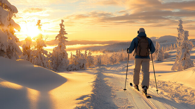A skier treks through a snowy landscape at sunrise, surrounded by frost-laden trees, embracing winter adventure and tranquility.