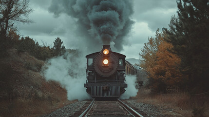 Train emitting smoke as it travels, vintage locomotive on railroad tracks, old steam engine representing railway history, retro transportation scene with classic vehicle.