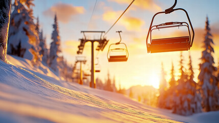 Sunlit ski lifts climb up the snowy slopes at sunrise, promising an exhilarating winter adventure.