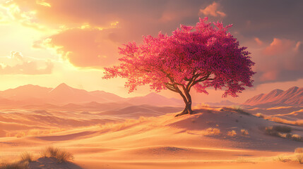 Obraz premium A serene dawn at the magical oasis with a pink tree in the tranquil desert landscape, digital art of fantasy landscape concept. Oasis. Illustration