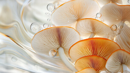 Obraz premium Elegant mushrooms with delicate gills emerge in a flowing wave-like formation, enveloped by ethereal light and bubbles, exuding organic beauty.