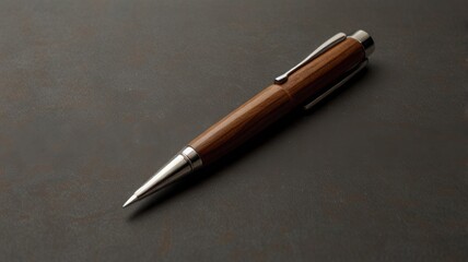 Wooden ballpoint pen on dark surface.