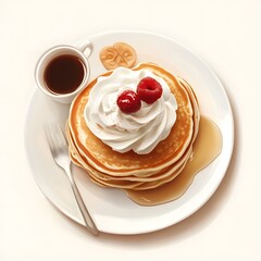 Stack of pancakes topped with whipped cream, raspberries, and syrup served with coffee.