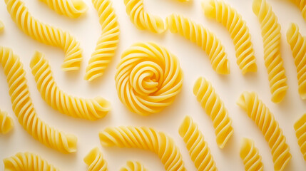 Fototapeta premium Arrangement of Dried Spiral Pasta on White Background