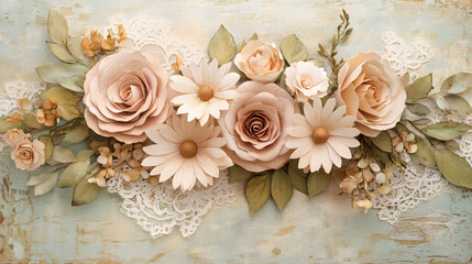 A romantic vintage-style paper flower bouquet with faded pink roses cream daisies and muted green leaves wrapped in lace.