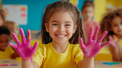 Girl with Pink Paint on Hands in Classroom Setting