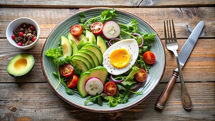 Avocado egg breakfast plate with fresh salad on the side, avocado, egg, healthy breakfast, brunch