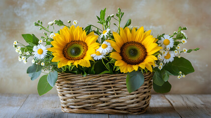 A rustic bouquet of two sunflowers paired with small daisies and leafy stems arranged in a woven basket.