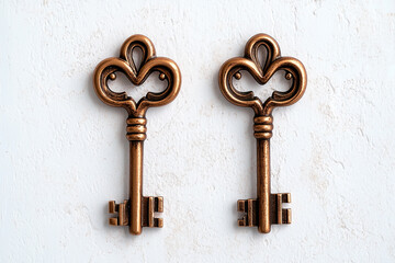 Two Ornate Bronze Keys on White Background