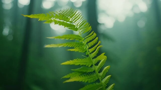 Verdant fern frond undulating softly amid misty woodland, embodying tranquil forest ethereal essence