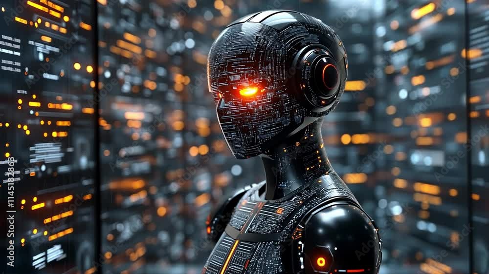 Poster advanced humanoid robot in a futuristic data center with illuminated circuits