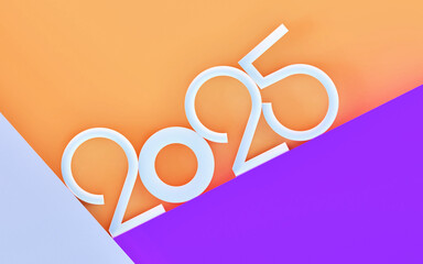 Happy new year 2025; simple white sloped geometric text on purple and orange background with copy space, 3d rendering, 3d illustration	