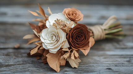 Fototapeta premium A rustic paper flower bouquet with earthy tones dried-look blooms and twine wrapping.