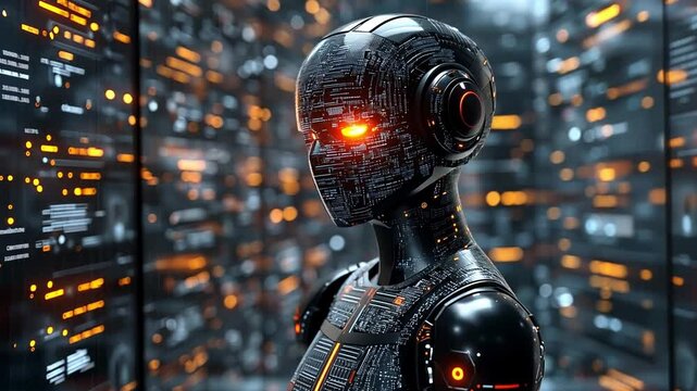 Advanced humanoid robot in a futuristic data center with illuminated circuits