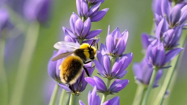 Golden-haired bumblebee gathering pollen from lavender flower, pollinating delicate purple blossoms under bright summer sunlight