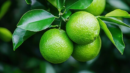 Three ripe limes on a branch with green leaves.